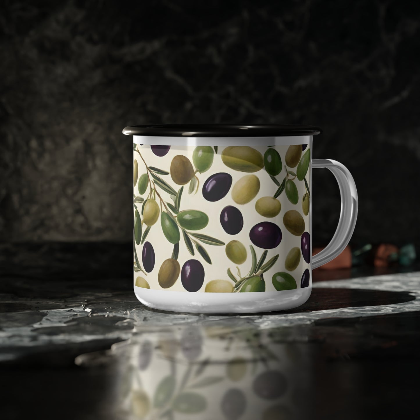 Green and Black Olives Enamel Camp Cup